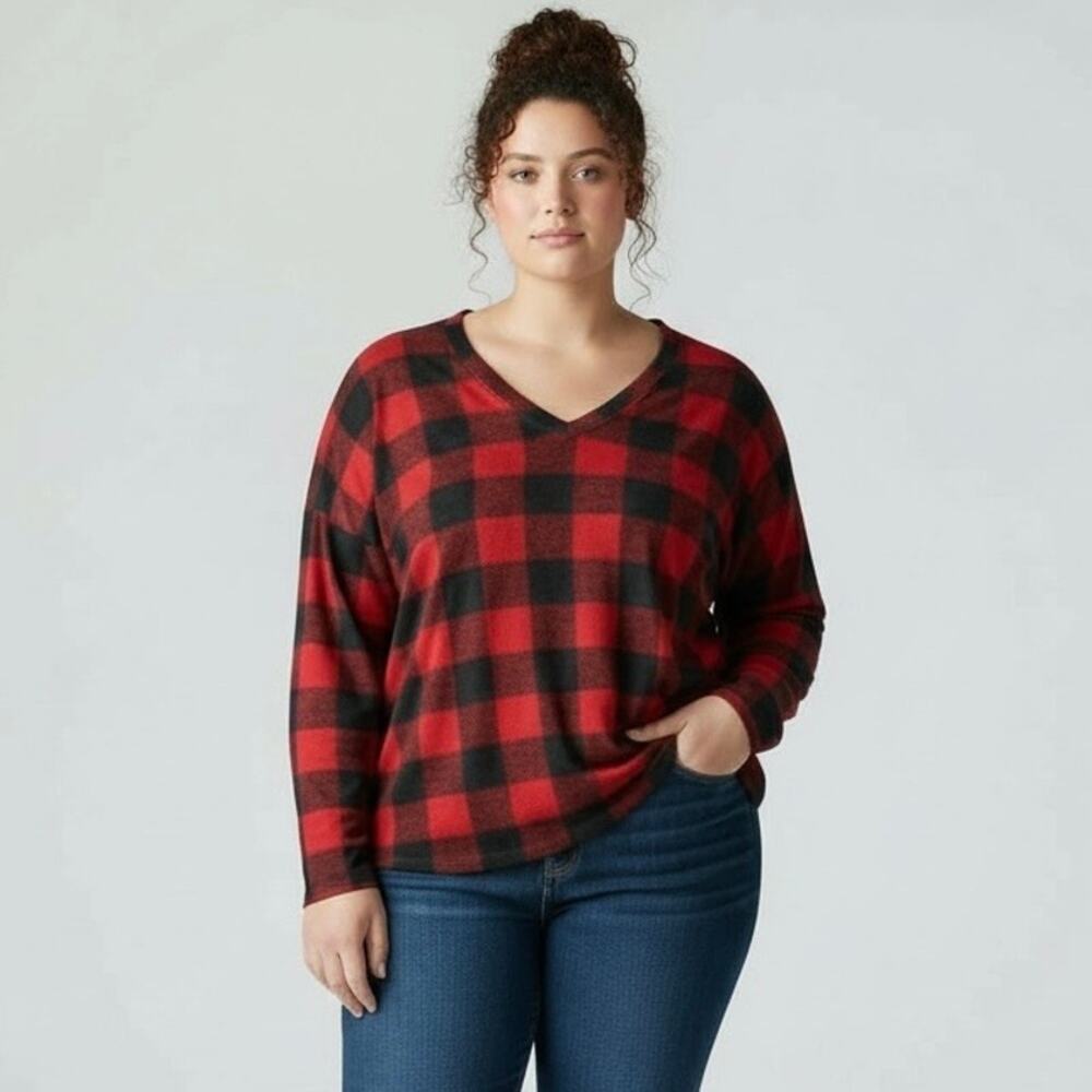 Sew In Love Women's Redโ Black Buffalo Plaid Knit Top XL Long Sleeve V-Neck